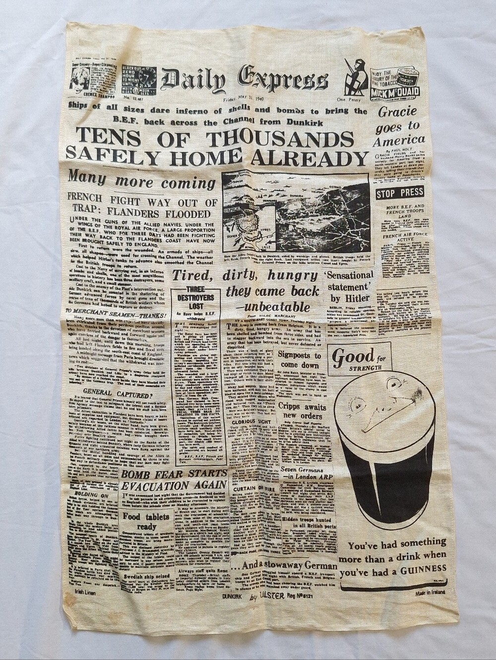 Daily Express Dunkirk Ulster Irish Linen Newspaper Page WW2